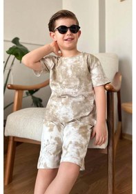Resim Riccotarz Erkek Çocuk New York Yazı Baskı Ve Batık Desenli Penye T-shirt Kahverengi Şortlu Takım Kahverengi 