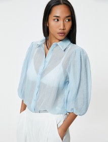 Resim Balon Kol Gömlek Yarı Transparan 3/4 Kol Dokulu 