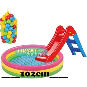 Resim Kaydırak 102 x 25 CM Tabanı Şişmeli Havuz 100 Adet 6 CM Top 