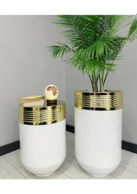 Resim Elegant Dekoratif Gold Darbuka Parlak Beyaz Saksı 70cm + 60cm Sehpa İkili Set 