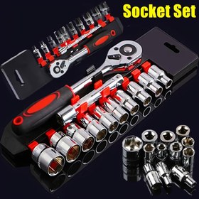 Resim 12 Parça Profesyonel Cırcır Anahtar Seti, Hızlı Serbest Bırakma Sapı & Uzatma Çubuğu ile - Dayanıklı Çelik, Lastik Tamiri için 1/4" Tahrik 