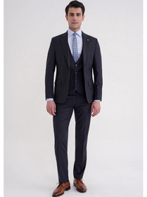 Resim Efor Slim Fit Çift Yırtmaç Çizgili Esnek Yünlü Lacivert Yelekli Klasik Takım Elbise Tk 935 Lacivert 