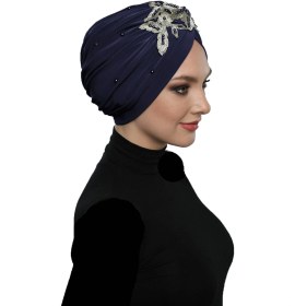 Resim Elysianfidan Kopma Astarlı İşlemeli Lacivert Sarı Dantel Motifli Hazır Türban Tesettür Abiye Bone Lacivert-sarı 