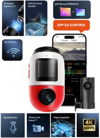 Resim 70MAİ 70mai Dash Cam Omni X800-2 4K Araç Kamerası, ve Arka Kamera RC14 ve 128 GB SD Kart Kırmızı 