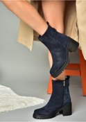 Resim Fox Shoes R654006502 Lacivert Hakiki Deri Süet Kalın Topuklu Kadın Bot Lacivert 