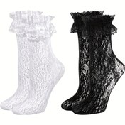 Resim 2'li Paket Kadın Fırfır Detaylı Dantel Ayak Bileği Çorapları - Beyaz & Siyah, Nefes Alabilen Polyester İlkbahar/Yaz Günlük Çoraplar, Sadece Elde Yıkama, İnce Kumaş 