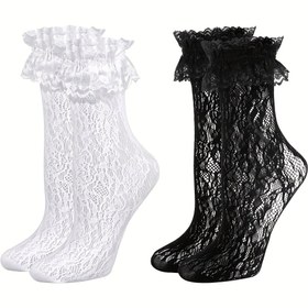 Resim 2'li Paket Kadın Fırfır Detaylı Dantel Ayak Bileği Çorapları - Beyaz & Siyah, Nefes Alabilen Polyester İlkbahar/Yaz Günlük Çoraplar, Sadece Elde Yıkama, İnce Kumaş 