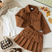 Resim Kızlar İçin İlkbahar/Sonbahar Beyaz Uzun Kollu Üst + Düz Renk Düğmeli Etek + Ceket Moda Streetwear Üç Parça Takım, Dış Mekan Kullanımı İçin Mükemmel 