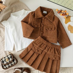 Resim Kızlar İçin İlkbahar/Sonbahar Beyaz Uzun Kollu Üst + Düz Renk Düğmeli Etek + Ceket Moda Streetwear Üç Parça Takım, Dış Mekan Kullanımı İçin Mükemmel 