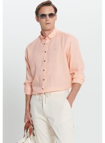 Resim AC&Co / Altınyıldız Classics Erkek Turuncu Comfort Fit Rahat Kesim %100 Keten Düğmeli Yaka Gömlek Turuncu 