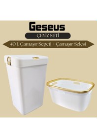 Resim Geseus Motek Tekli 40 Lt Kirli Çamaşır Sepeti+çamaşır Selesi Ikili Set, Çeyiz Seti Gold+beyaz Beyaz 