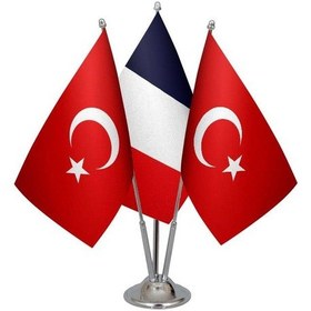 Resim Masa Üstü Fransa Bayrağı Türk Bayrağı Üçlü Krom Direk Masa Bayrak 