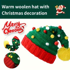 Resim Renkli Pom-Pom'larla Şenlikli Yeşil Noel Örgü Şapka - Sıcak Kış Bere, Elastik Uyum, Hafif ve Elde Yıkanabilir, Tatil Partileri ve Kutlamalar için Mükemmel, Noel Şapkası 