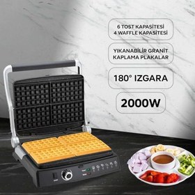 Resim King KWM1462 Waffle Master Izgara, Tost ve Waffle Makinesi | 2000W Güç | Granit Kaplama Plakalar | 6 Tost & 4 Waffle Kapasitesi | 180° Açılabilen Izgara 