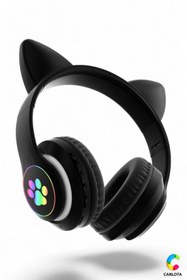 Resim Kensa Siyah Kedi Kulaklı Bluetooth Kulaklık | LED Işıklı | Katlanabilir | Kablosuz | Renkli Pati Led 