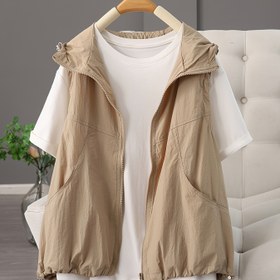 Resim Kadınlar için Rahat Düz Renk Fermuarlı Kapüşonlu Yelek - Bol Kesim, Hafif Polyester, Yaz Stili, Bej, Günlük Kıyafetler İçin Mükemmel, Yaz Yeleği | Basit Bej | Fermuar Detaylı 