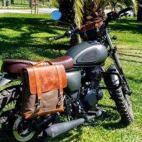 Resim Motosiklet Çantası, Motosiklet Yan Çantası, Deri Çanta, Mumlu Kanvas, Geçme Kilitli (Kahverengi) 