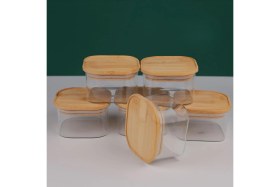 Resim Feyza Design 4'lü Kare Bambu Kapaklı Cam Kahvaltılık Seti, Şık ve Kullanışlıdır 