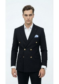 Resim Plus Scorpion Erkek Kruvaze Blazer Ceket Slim Fit Premium Dokulu Şık Klasik Ceket Siyah 