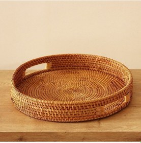 Resim Bohem Rattan Kulplu Yuvarlak Tepsi 35x6 Cm Large, Iskandinav, Modern 
