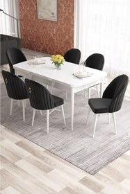 Resim Canisa Elf Serisi 80x132 Açılabilir Beyaz Mutfak Masa Takımı 6 Mürdüm Sandalye Gold Halkalı 