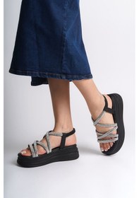 Resim Elena Lastikli Taşlı Şeritli Ortopedik Taban Kadın Sandalet Cst - Siyah Çok Renkli 