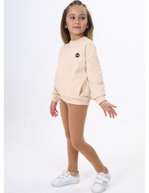 Resim Toontoy Kids Toontoy Kız Çocuk 2'li Takım Baskılı Bisiklet Yaka Düşük Omuz Cepli Sweatshirt & Basic Düz Tayt Bej 