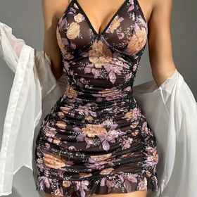 Resim Kadınların Çiçekli V-Yaka Uyku Geceliği, Seksi Polyester ve Akrilik Örgü Kumaşlı Desenli Uyku Şortu, Tüm Mevsim Yetişkin İç Giyim Elbisesi 