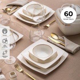 Resim Emsan Fine Bone 60 Parça 12 Kişilik Gold Desenli Kare Yemek Takımı Beyaz Malzeme 