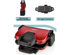 Resim Kırmızı 1800W Granit Çıkarılabilir Plakalı 5 Kademeli Isı Ayarlı Tost ve Izgara Makinesi 
