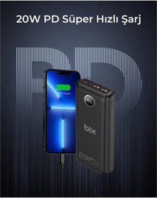 Resim Bix Pb201 Üç Portlu 20000mah 22.5w Hızlı Şarj 4.0 Pd Giriş/çıkışlı Led Göstergeli Powerbank Siyah Siyah 