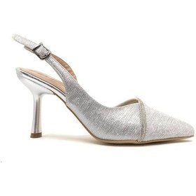 Resim Feles Saten Şerit Taşlı Arkası Açık Stiletto Kadın Topuklu Ayakkabı GÜMÜŞ 