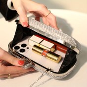 Resim Kadınlar için Şık Kristal Süslemeli Clutch, Vintage Tarzı Akşam Partisi Çantası, Çıkarılabilir Askılı, Polyester İç Astar, Tokalı Kapatma, Düz Renk, Yıkanamaz - Siyah/Altın/Gümüş Gri 