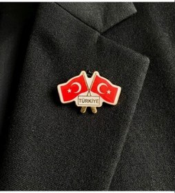 Resim İkili Bayraklı Türk Bayrağı Türkiye Yaka Rozeti - 2 Adet Kırmızı 