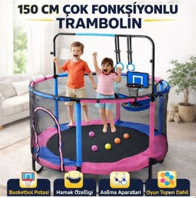 Resim 150 Cm Çocuk Trambolini Fileli Büyük Boy Çok Fonksiyonlu Basket Potası Ve Hamaklı 