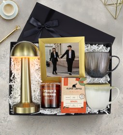Resim Gold Mantar Masa Lambası & Porselen Kupa & Mum & Gold Çerçeve & Filtre Kahve Premium Hediye Seti 