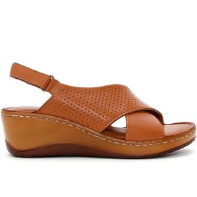 Resim Women's Tan Wedge Heeled Leather Comfort Sandals with Ankle Strap 