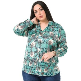 Resim Büyük Beden Yaka Detaylı Şal Desen Saten Mint Yeşili Kadın Gömlek 