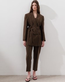 Resim Tencel Belted Double-Breasted Blazer Dark Brown - DARK BROWN / S 