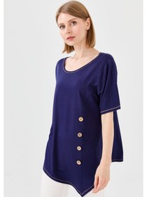 Resim Kadın Sıfır Yaka Önü Ahşap Düğmeli Penye T-shirt Lacivert Lacivert 