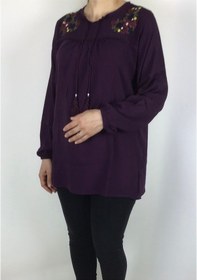 Resim Kadın Yakası Bağcıklı Kolları Lastikli Nakışlı Viskon Bluz Mor 