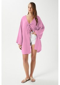 Resim Ritnice Kadın Sandra %100 Pamuk Müslin Bağcıklı Pembe Kimono Pembe 