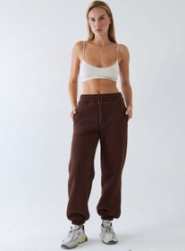Resim Oversize Unisex Eşofman Altı Kahverengi - 3 İplik Şardonlu, Paça-Bel Lastikli, Cepli, Rahat Kesim - M / Kahverengi 