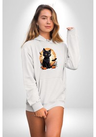 Resim Cadılar Bayramı Kedi Kadın Erkek Beyaz Kapüşonlu Sweatshirt Hoodie Beyaz 