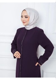 Resim Ön Ve Kol Taşlı Büyük Beden Ferace Mürdüm 