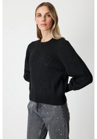 Resim On Fashion Kadın İncili Baklava Desenli Siyah Kazak 63316 Siyah 