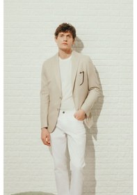 Resim AC&Co / Altınyıldız Classics Erkek Bej Yumuşak Dokulu Keten Slim Fit Dar Kesim Mono Yaka Diagonal Desenli Ceket Bej 
