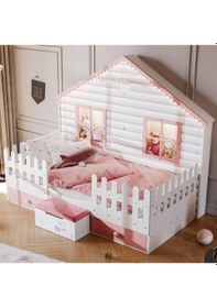 Resim Meltem Kids Küçük Ev Çocuk Odası Montessori Karyola Pembe 100 x 200 CM Pembe 