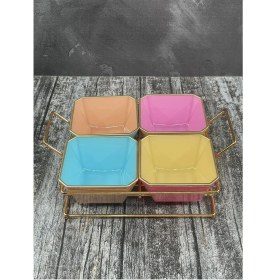 Resim Beta Moda Hub 4 Bölmeli Gold Standlı Cam Kahvaltılık Çerezlik Sunumluk Renkli 