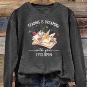 Resim Kadınlar için Günlük Uzun Kollu Grafik Sweatshirt - "Okuma Düşlemek" Çiçekli Kitap Baskı, Canlı Yeşil, Rahat Kesim, Yumuşak Esnek Kumaş, Makinede Yıkanabilir, Tüm Sezonluk Konfor, Kitap Kazak, Rahat Giyim, Fantezi Tarzı, Kolay Bakım, Baskılı Üst, Moda Tutkunları 